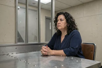 Femme assise dans un parloir de prison, les mains posées sur la table en métal, exprimant une attente silencieuse lors d'une visite carcérale