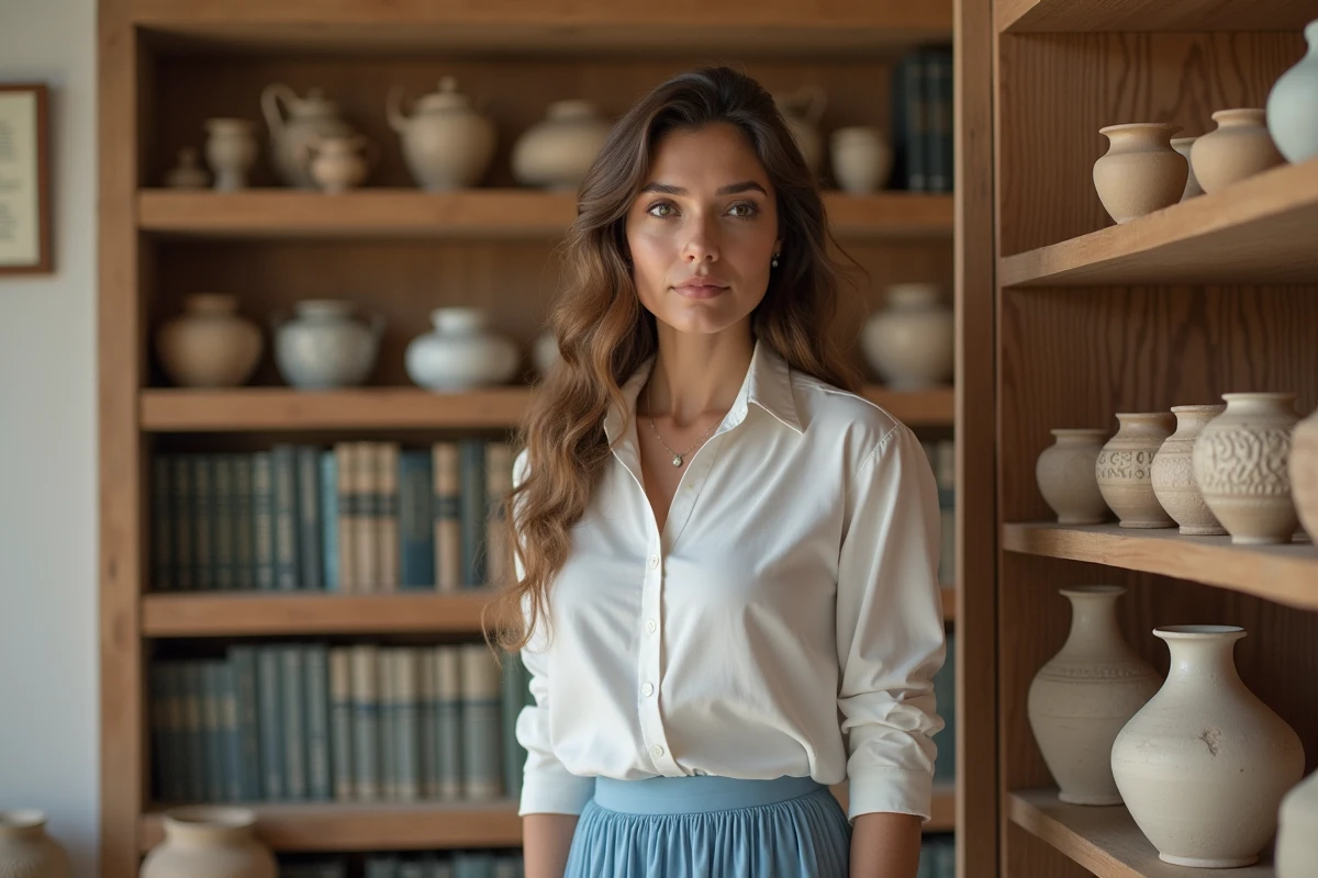 Femme méditerranéenne dans une bibliothèque moderne avec poteries antiques