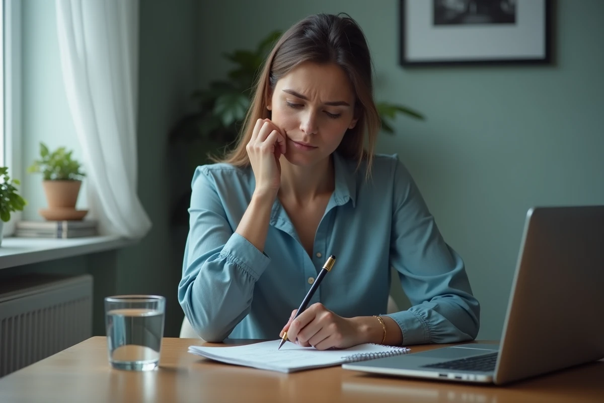 Femme réfléchissant à comment aborder son partenaire après une dispute, prenant des notes dans un bureau à domicile