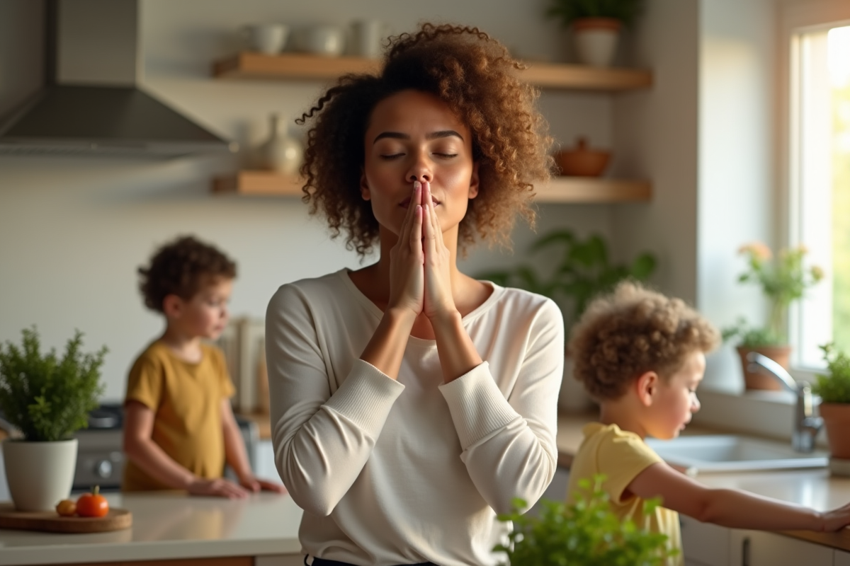 Femme respire calmement dans la cuisine avec enfants et plantes