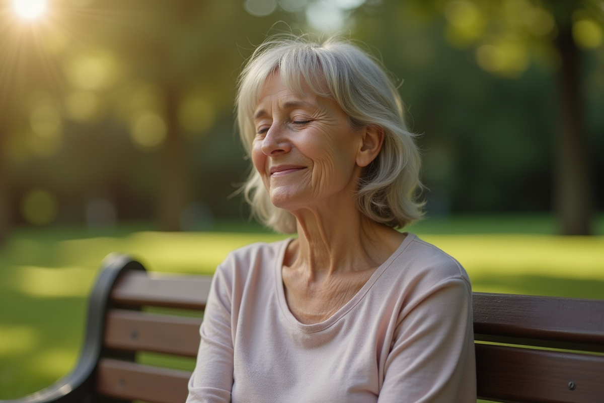 Femme calme assise sur un banc dans un parc ensoleille avec un visage serein