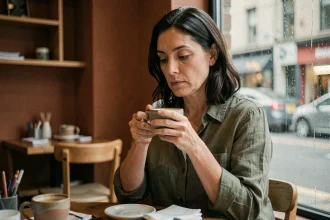 Femme seule dans un café urbain, regard pensif et introspectif, illustrant la solitude émotionnelle dans une relation amoureuse complexe