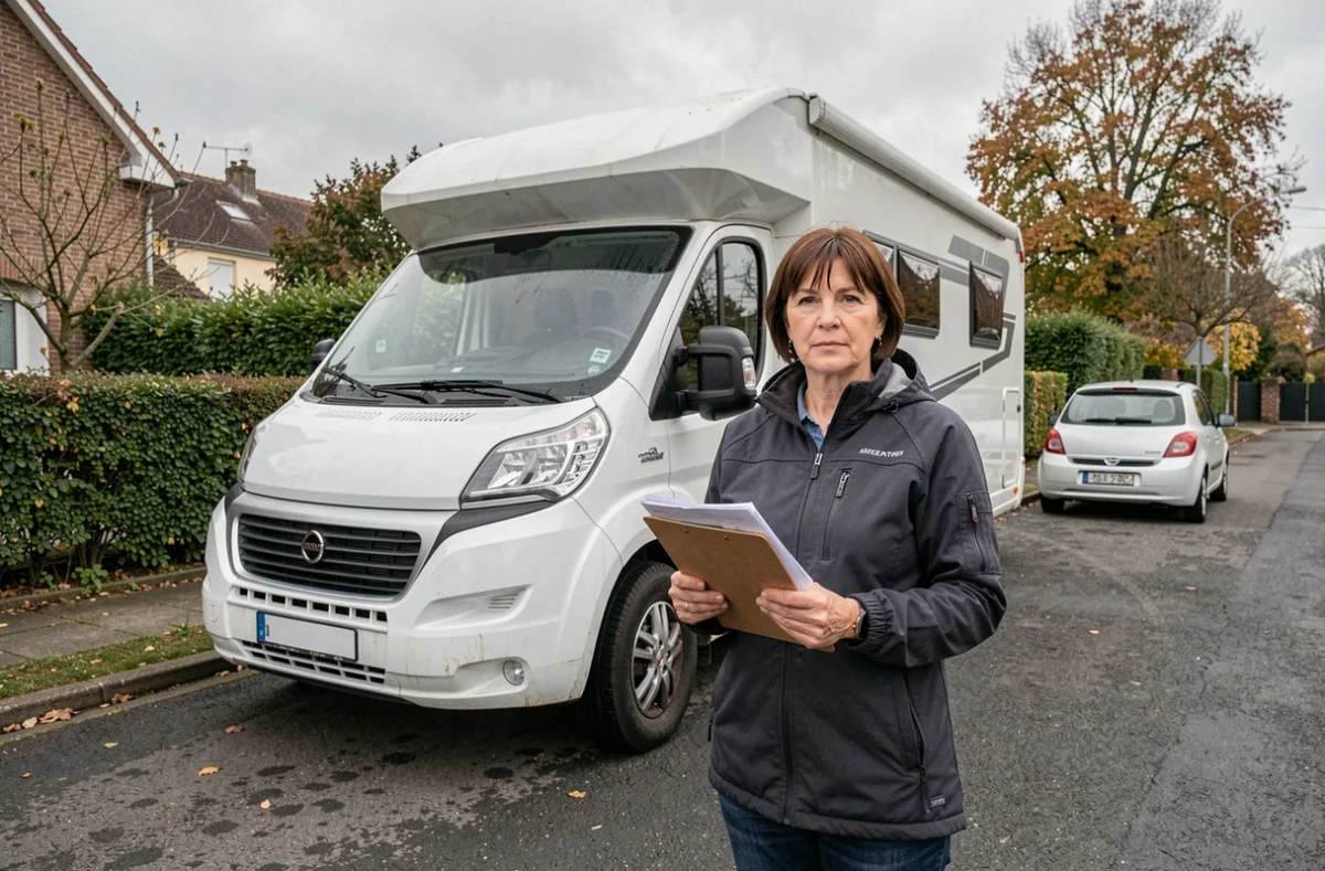 Femme préparant les papiers de vente d'un camping-car garé devant une maison en France