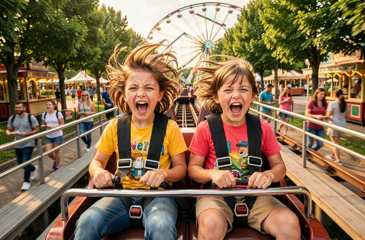 Enfants criant de joie sur les montagnes russes de Festyland, parc d'attractions près de Caen