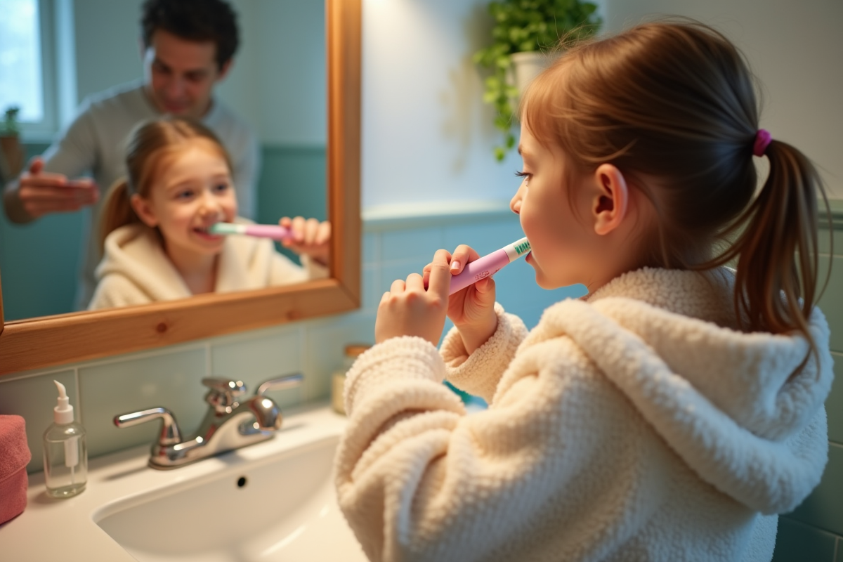 Fille de 7 ans se brosse les dents dans la salle de bain