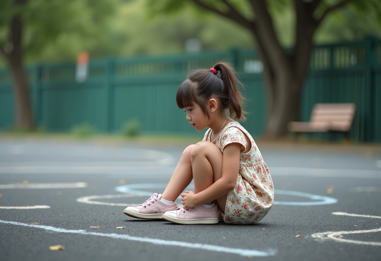 Fille de 8 ans assise sur le bord de la cour d