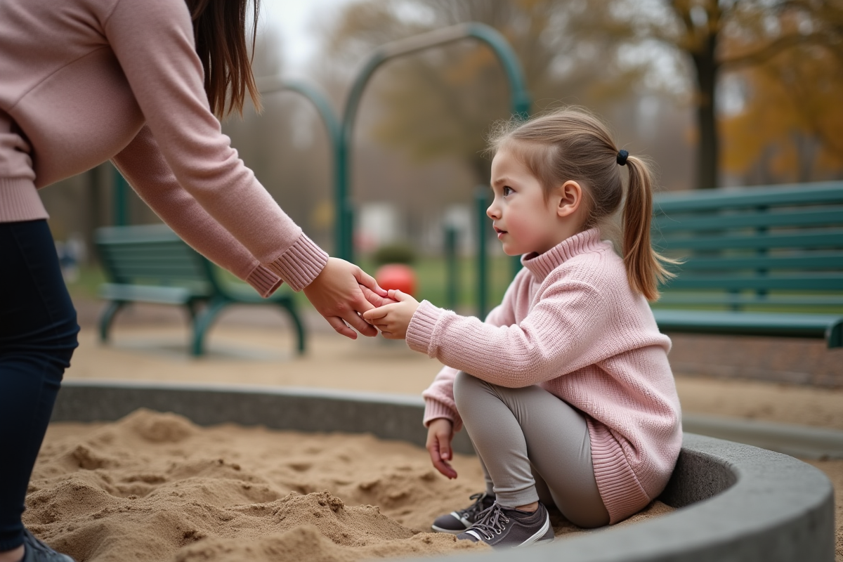 Fille de six ans refuse la main de sa mère dans un parc