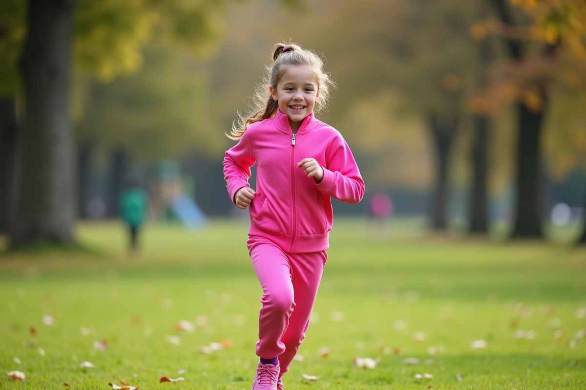 Fille de 7 ans courant dans un parc en tenue rose