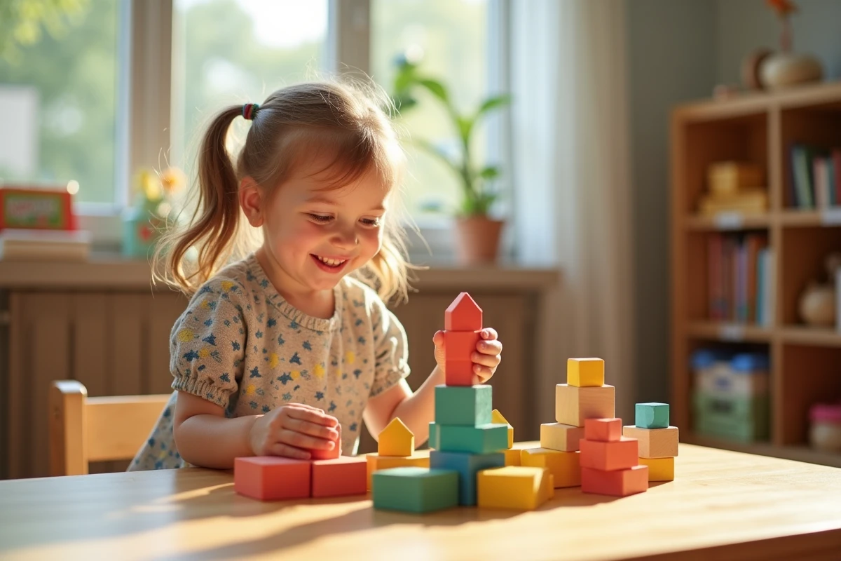 Fille de quatre ans empilant des blocs colorés dans la garderie