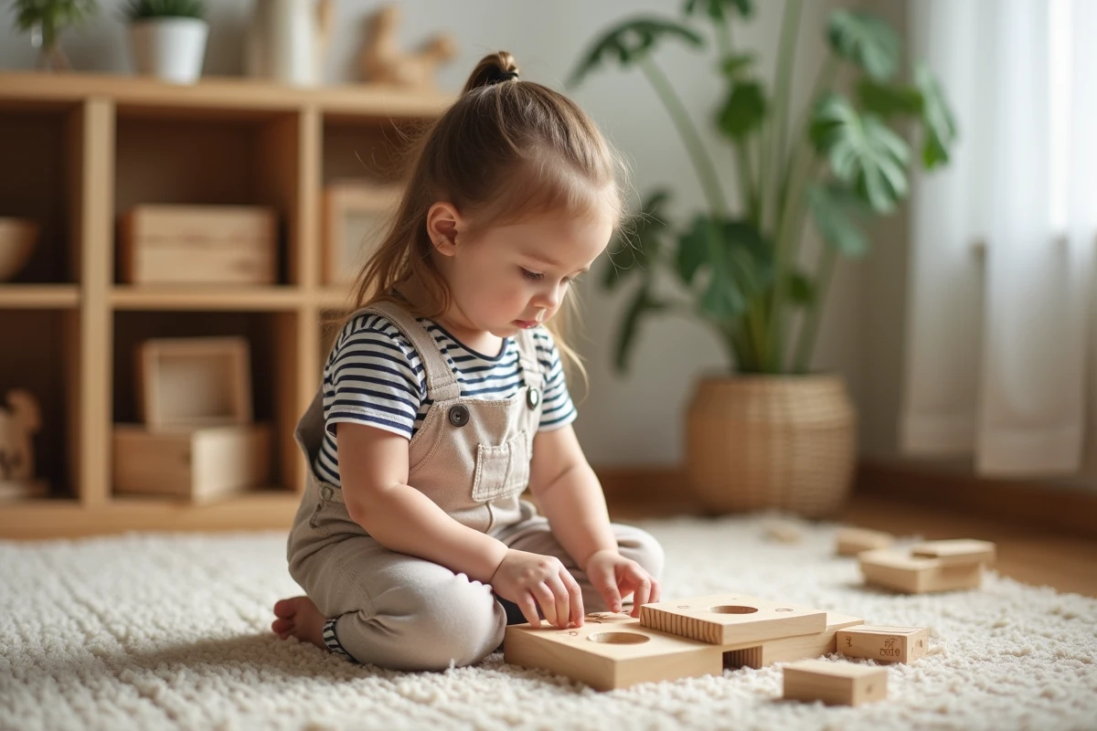 Jeune fille en overalls assemble un puzzle Montessori