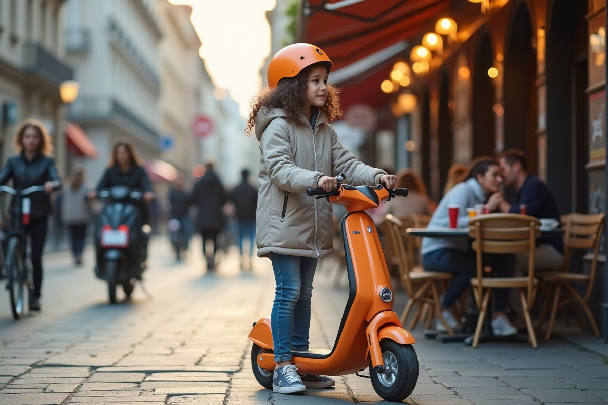 Fille de 14 ans avec casque et scooter coloré en ville