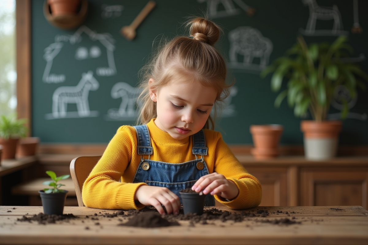 Jeune fille plantant des graines dans un potager intérieur