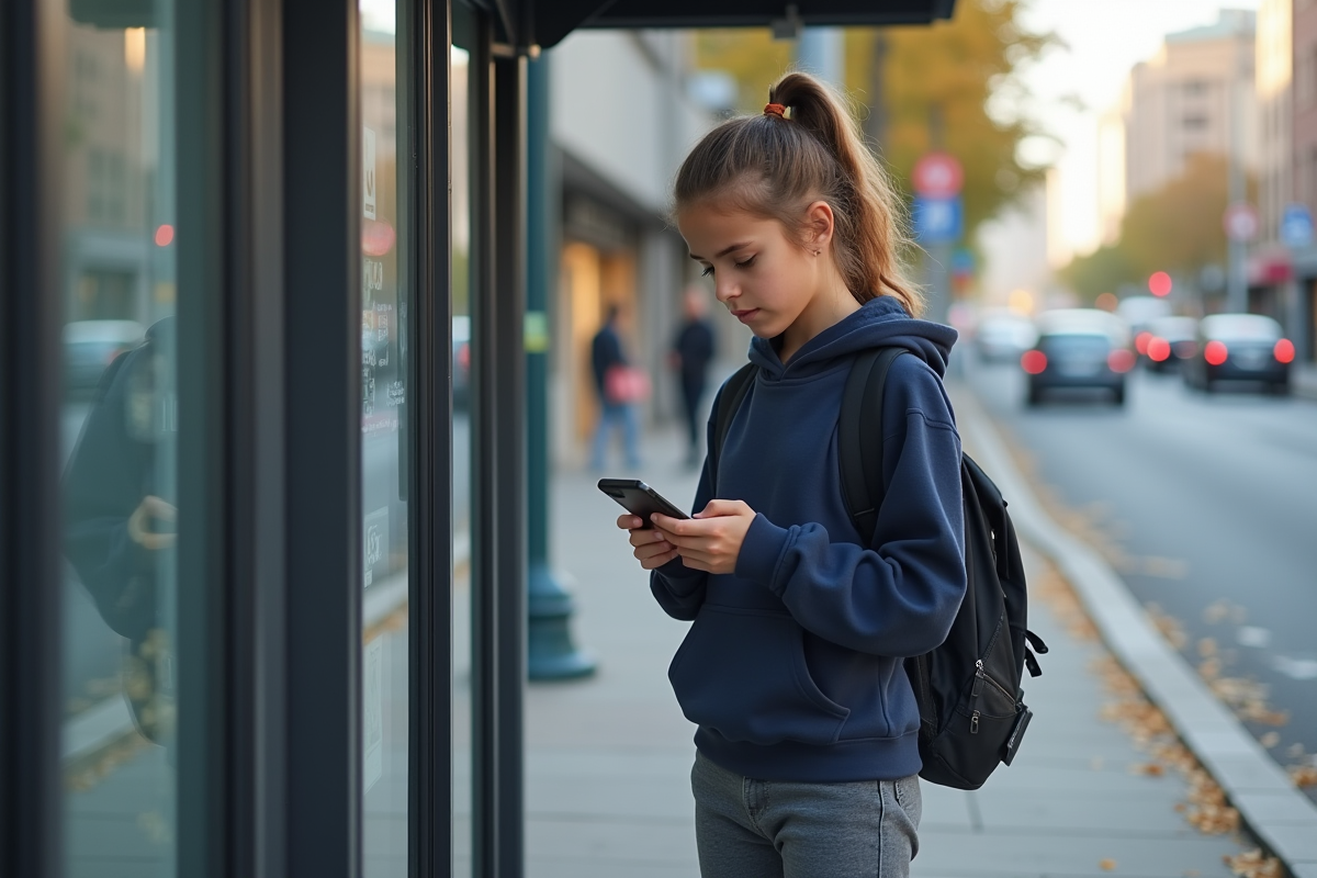 Adolescente vérifiant son portefeuille numérique au arrêt de bus
