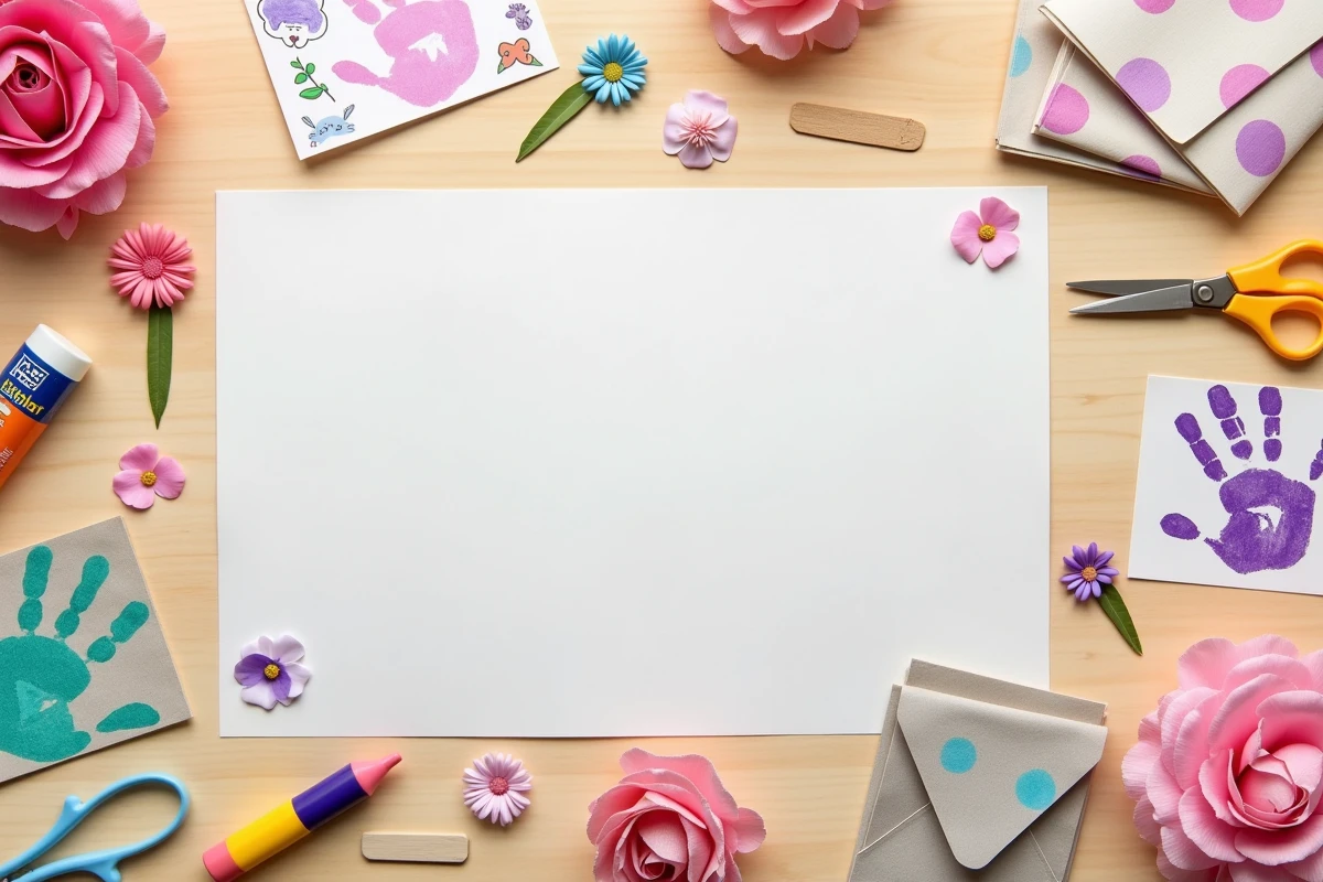 Vue de dessus de bricolages fête des mères faits en classe avec des matériaux peu coûteux