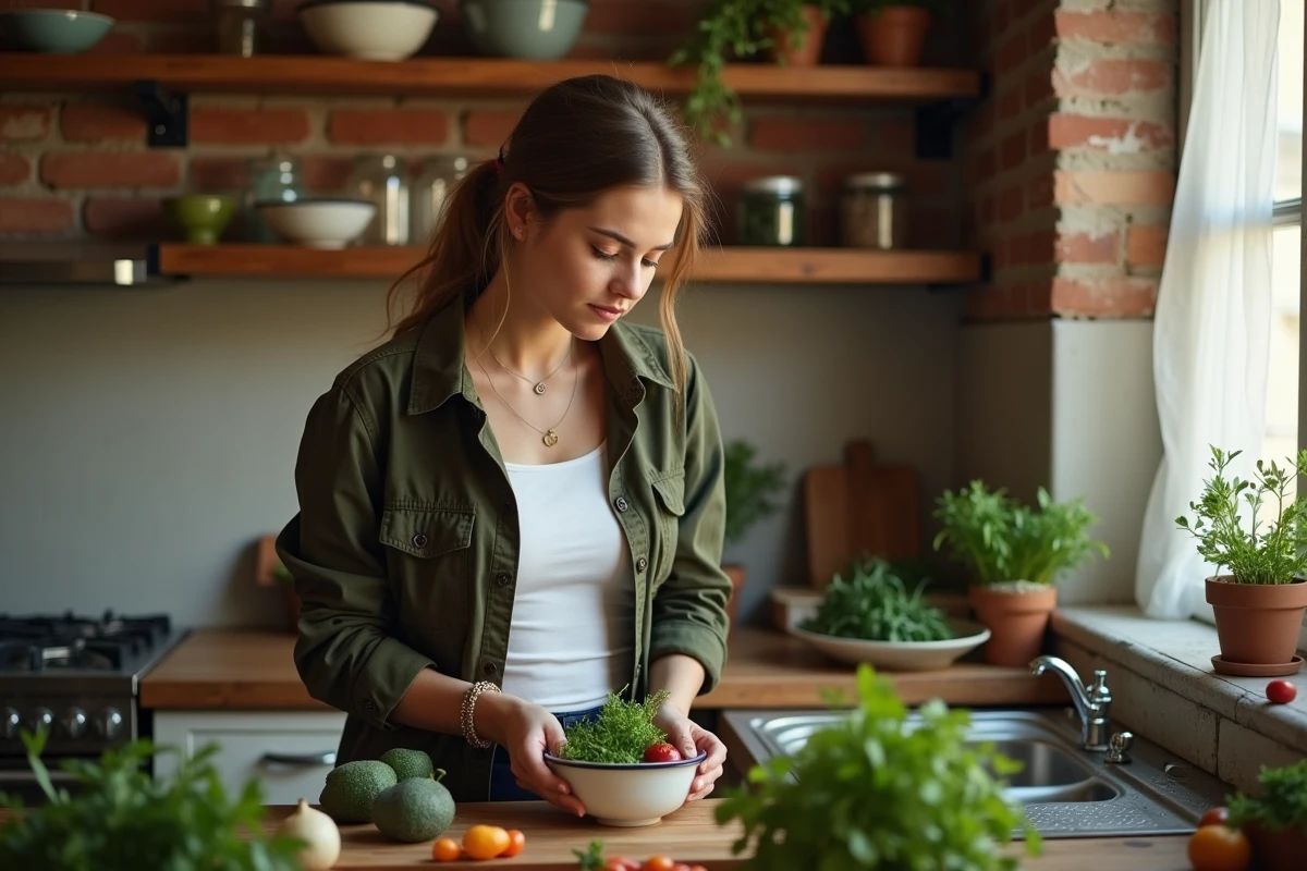 Jeune femme parisienne préparant des légumes frais dans une cuisine rustique, illustrant ses principes de vie naturelle et intime