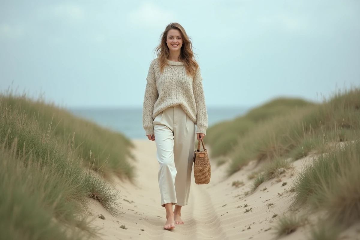 Jeune femme se promenant pieds nus sur un chemin côtier atlantique, symbole d'une vie simple et authentique loin des plateaux