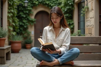 Jeune femme française lisant un livre dans une cour parisienne intimiste, évoquant une vie privée sereine loin des projecteurs