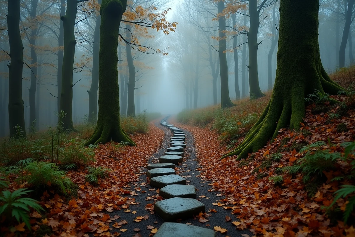 Chemin forestier automnal avec des cailloux blancs alignés sur un sentier brumeux évoquant le symbolisme du Petit Poucet dans les bois