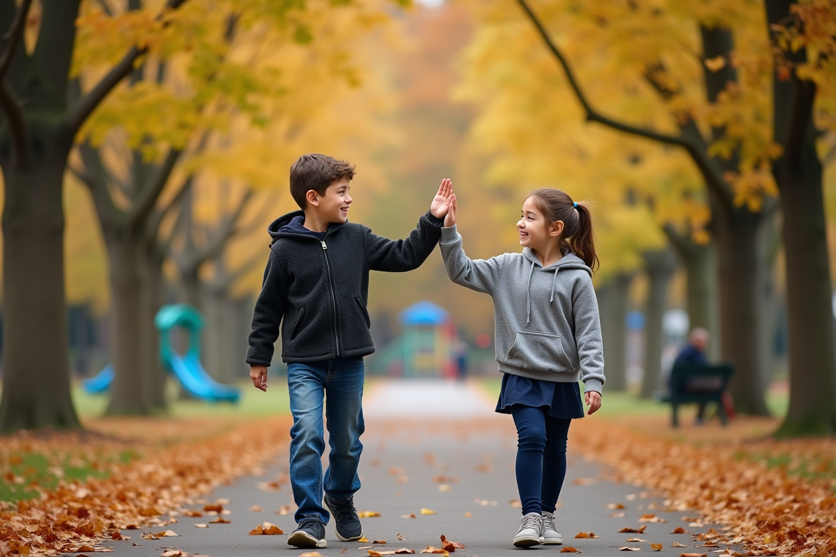 Frère et sœur se promènent dans un parc en automne