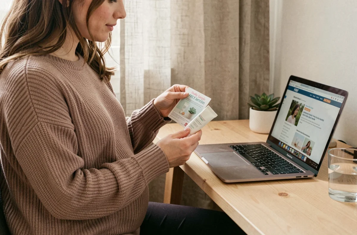 Future maman enceinte recherchant des bons plans d'échantillons gratuits bébé sur son ordinateur