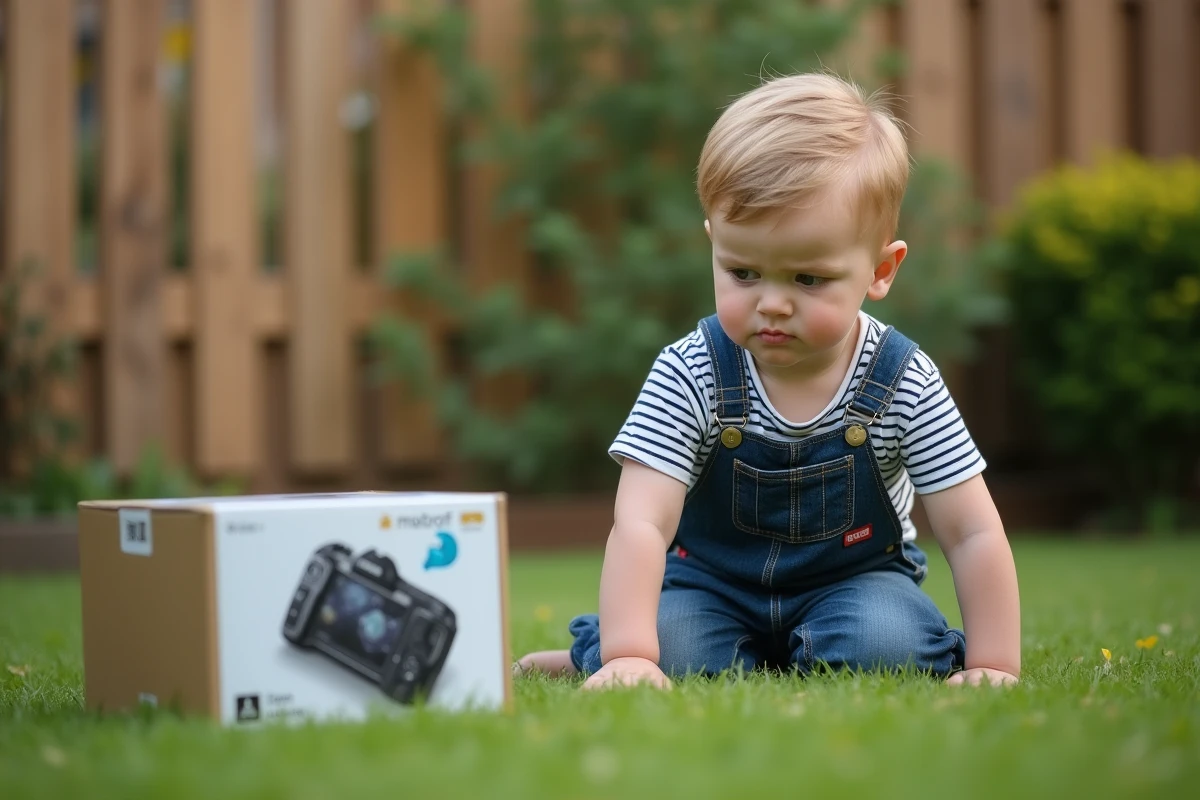 Garçon de trois ans en extérieur regardant un jouet électronique emballé