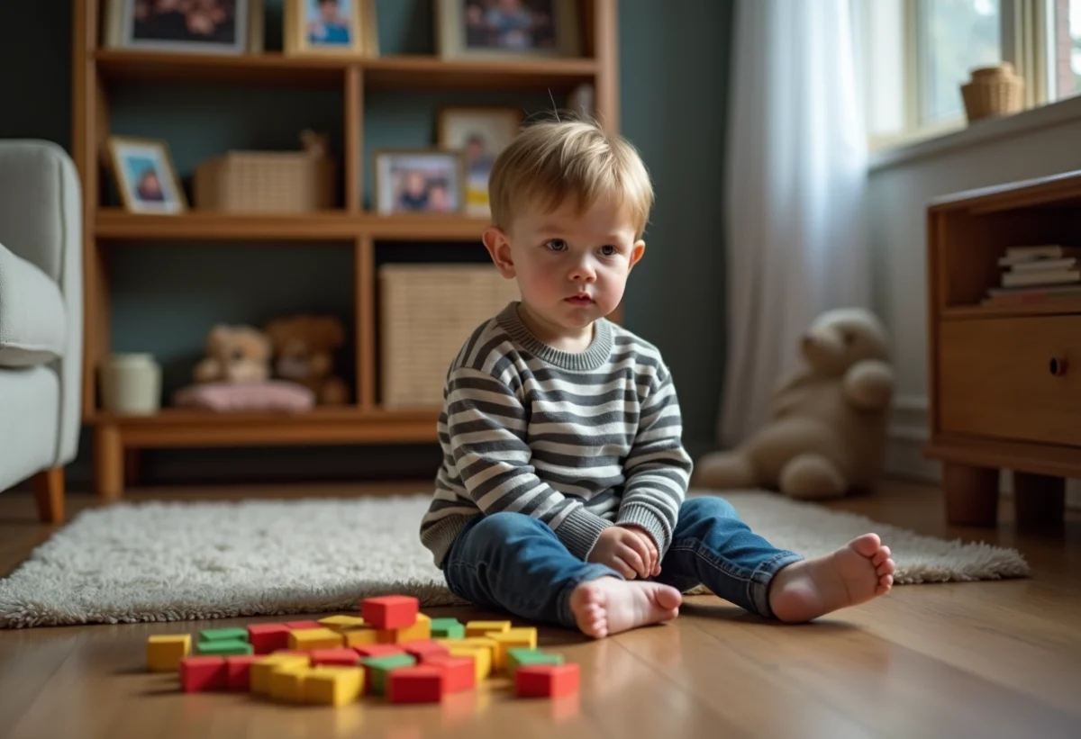 Garçon de 6 ans assis sur un sol en bois dans un salon cosy