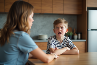 Jeune garçon pouting assis à la table cuisine avec sa mère