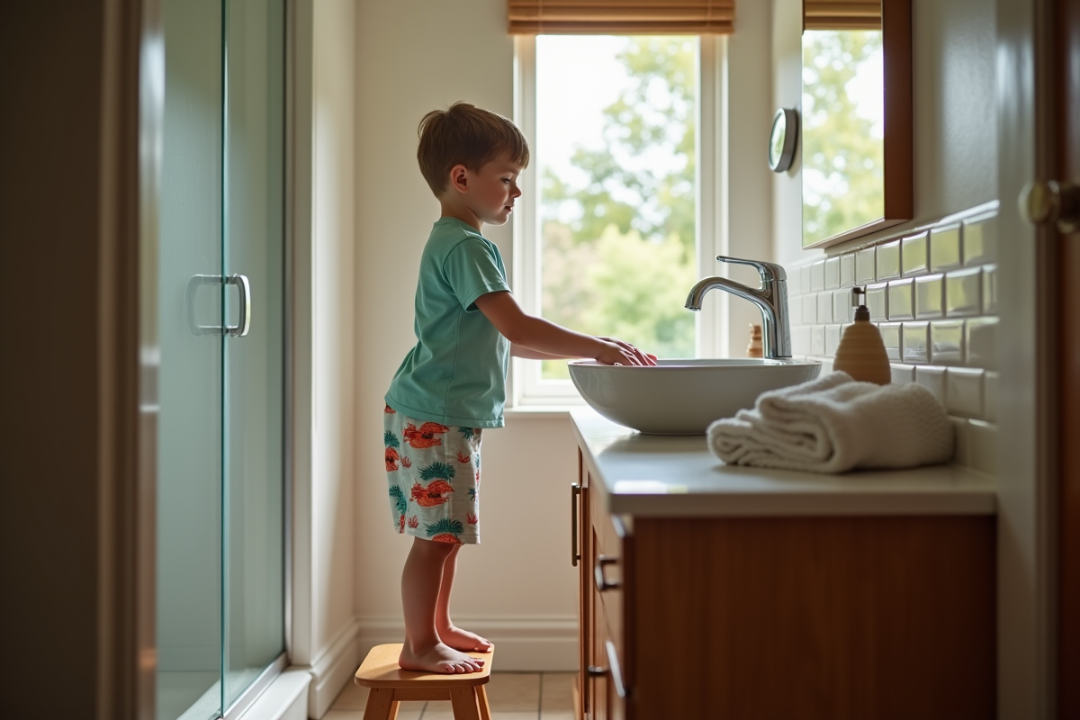 Garçon de 7 ans se lave les mains dans la salle de bain