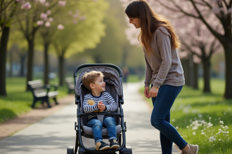 Jeune garçon souriant dans une poussette en plein air