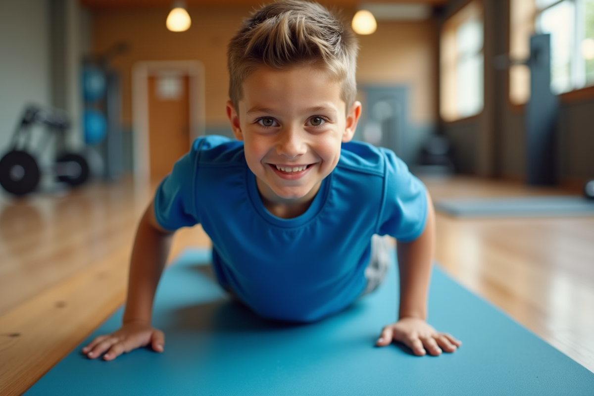 Garçon de 8 ans faisant des sit-ups dans une salle de sport
