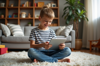 Garçon de 9 ans souriant avec une tablette dans un salon chaleureux