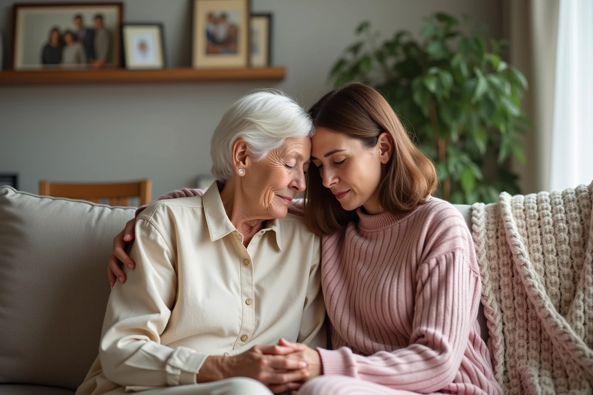 Grand-mère et fille adulte s'étreignant sur un canapé, représentant l'amour inconditionnel d'une mère et le soutien familial dans le deuil