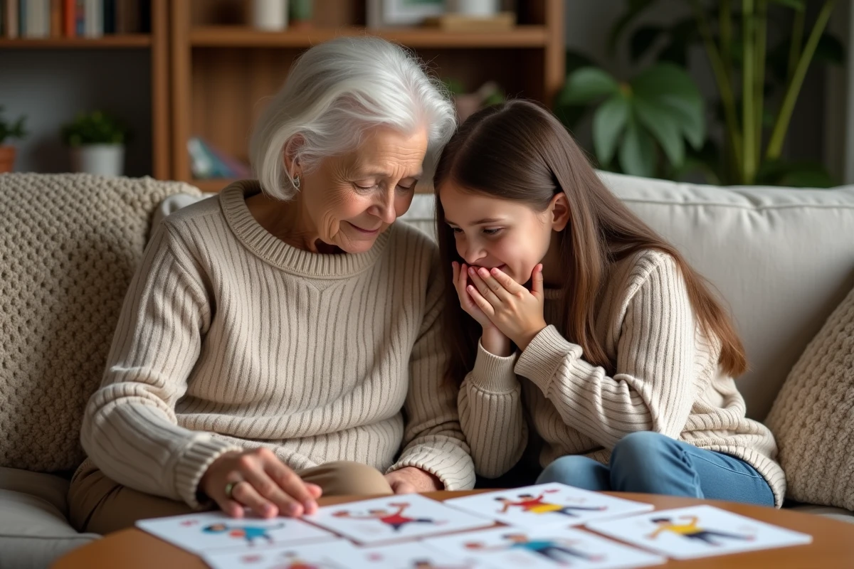 Grand-mère expliquant à sa petite-fille la diversité des corps à l'aide de cartes illustrées dans un salon chaleureux