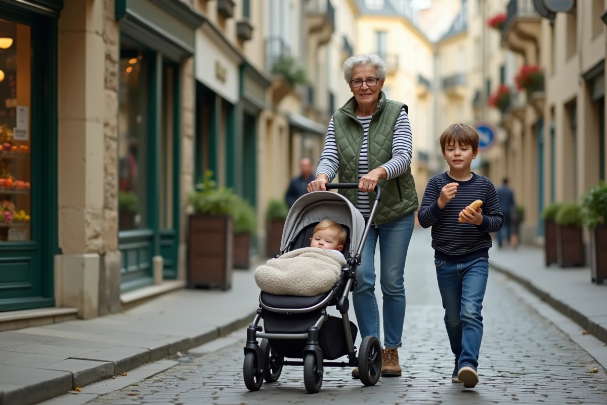 Grand-mère promenant un enfant endormi en poussette dans une rue piétonne de banlieue parisienne avec un garçon de 5 ans à ses côtés