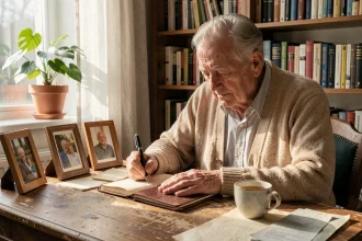 Grand-père âgé écrivant une lettre manuscrite à son bureau en bois, entouré de photos de famille, évoquant un message d'adieu sincère et personnel