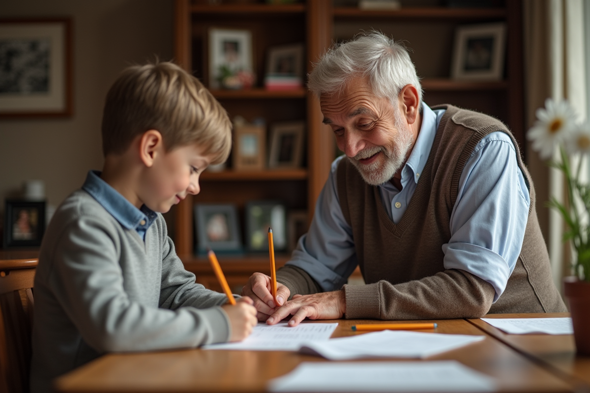 Grand-père aidant un jeune garçon avec ses devoirs à la maison