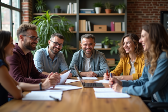 Groupe diversifié de personnes en coworking partageant idées