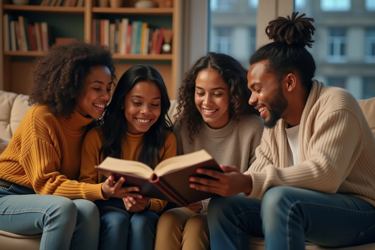 Groupe divers d adultes et adolescents feuilletant un livre d anniversaires