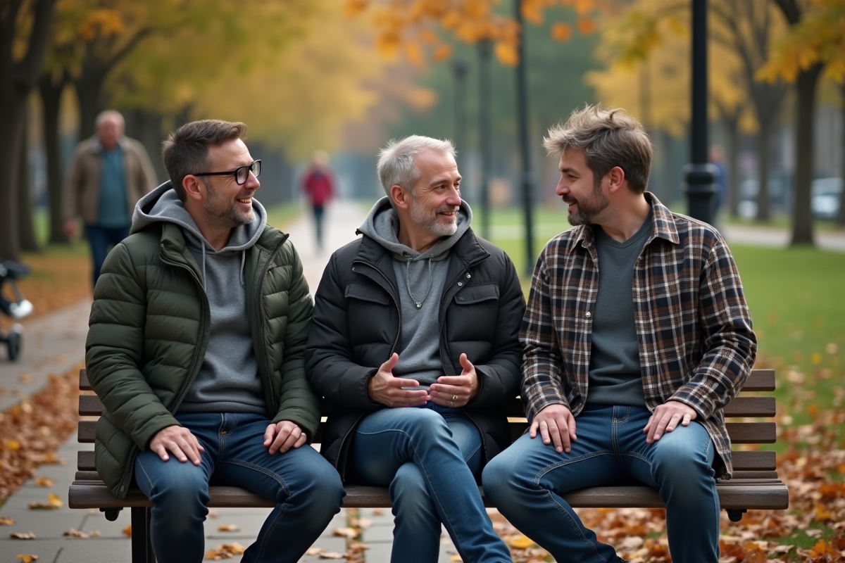 Trois hommes discutant sur un banc dans un parc en automne