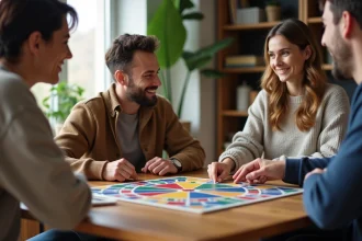 Groupe d'adultes jouant à Trivial Pursuit dans une cuisine moderne