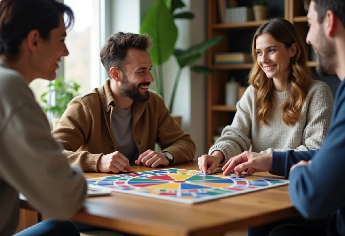 Groupe d'adultes jouant à Trivial Pursuit dans une cuisine moderne
