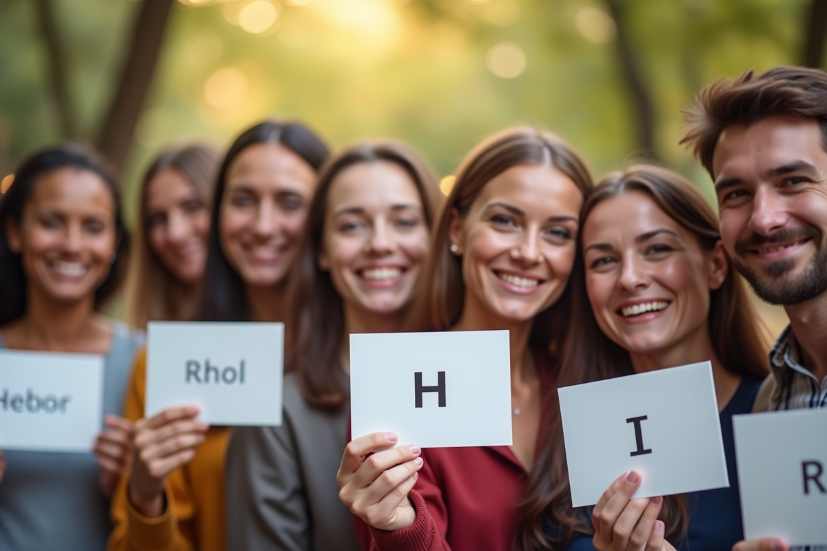 Groupe de personnes avec cartes noms débutant par H en extérieur