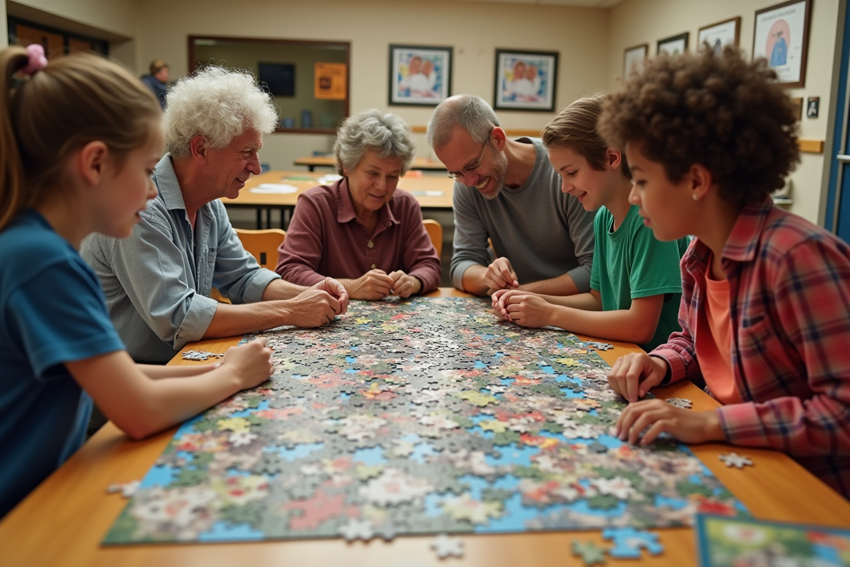 Groupe de six personnes travaille sur un puzzle géant