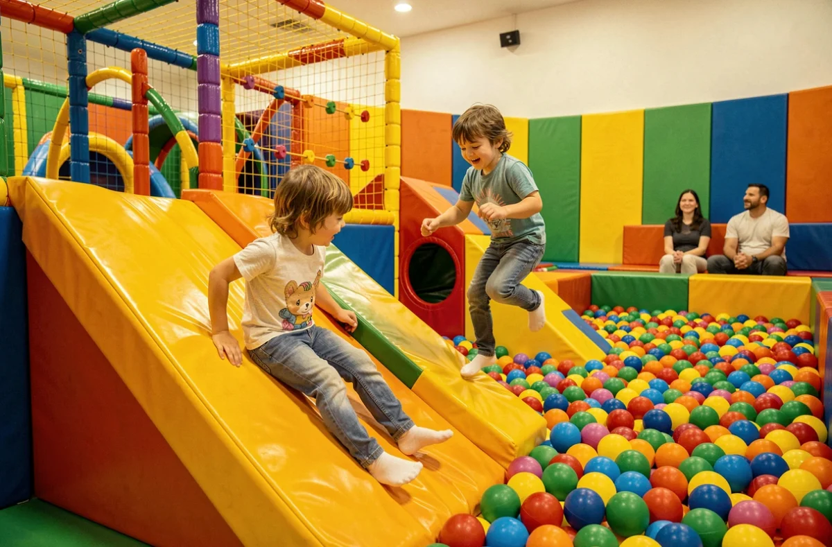 Enfants jouant dans l'espace de jeux coloré de Gulli Parc en Normandie