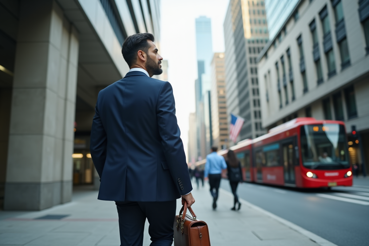 Homme d'affaires en costume dans une ville animée