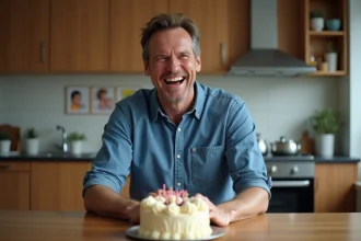 Homme souriant lors d'un anniversaire à la maison