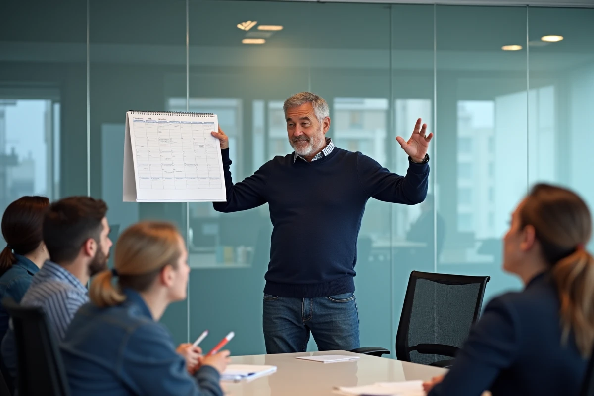 Homme en réunion expliquant un calendrier hebdomadaire