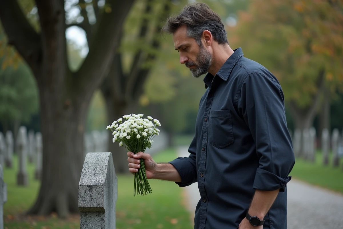 Homme déposant des fleurs blanches sur la tombe de son père lors d'un anniversaire de décès au cimetière