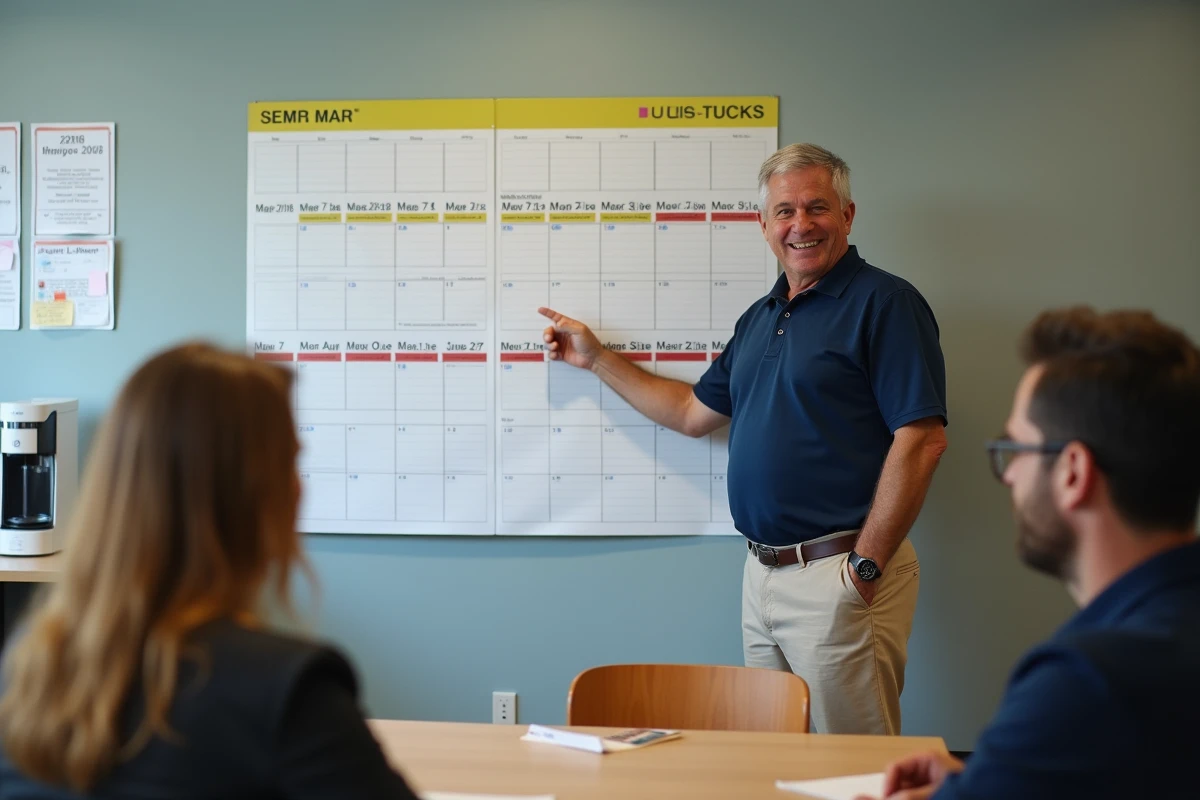 Homme pointant un calendrier de planning d