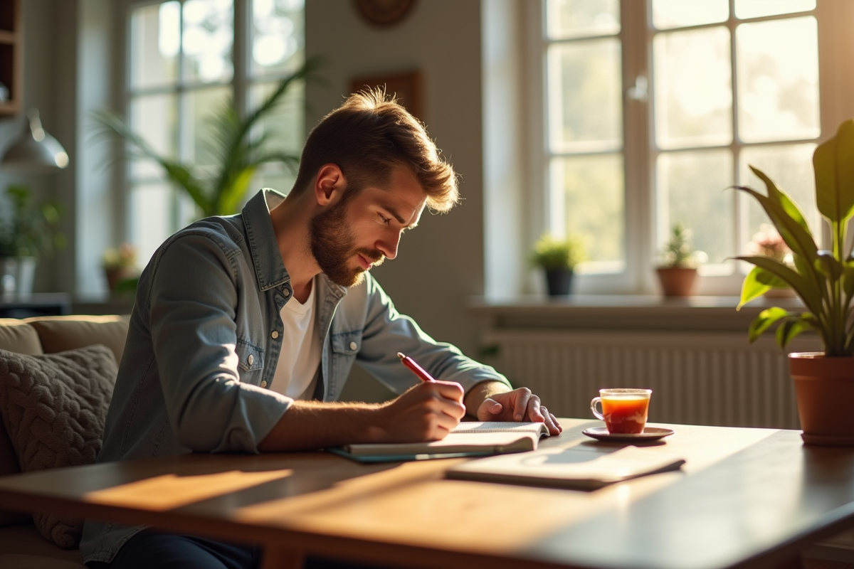 Homme en intérieur moderne écrivant dans un journal avec lumière naturelle